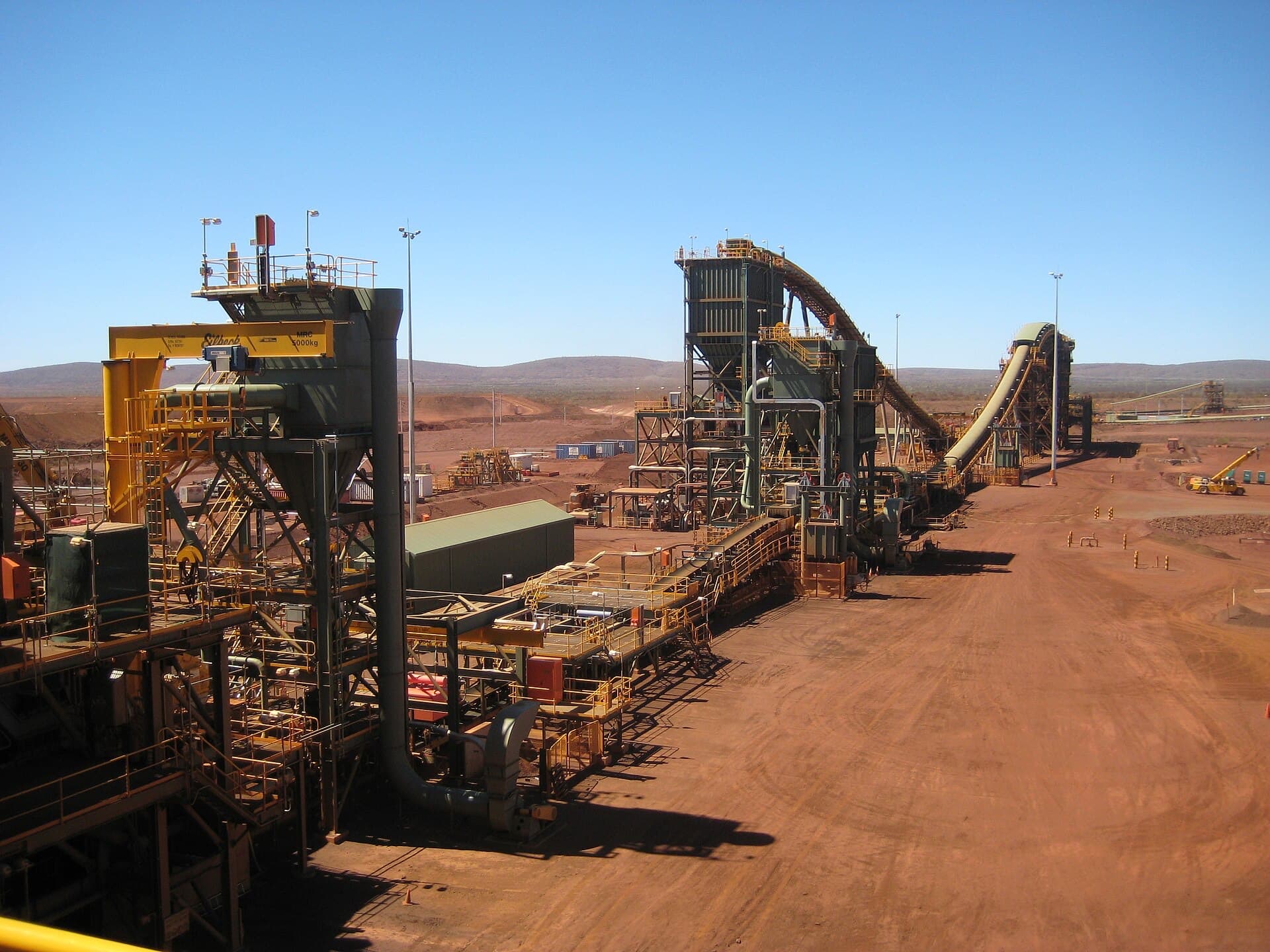 Ore processing plant and conveyor systems at the Brockman 4 iron ore mine in the Pilbara, Western Australia.